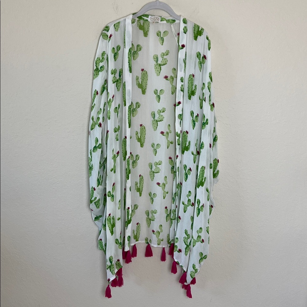Mud Pie Caitlin Tassel Kimono Cactus Lime Green Pink Beach Cover Up - Picture 3 of 9